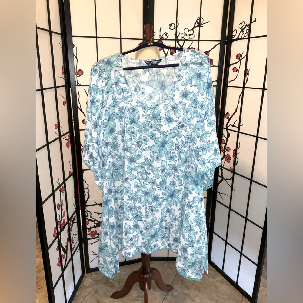 Lands End Large Swimsuit Cover Up Blue Sheer Tunic Swimsuit Lounge Cover